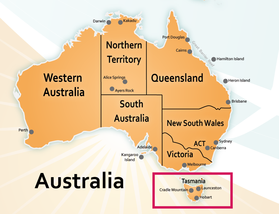 Vị trí bang Tasmania trên bản đồ nước Úc
